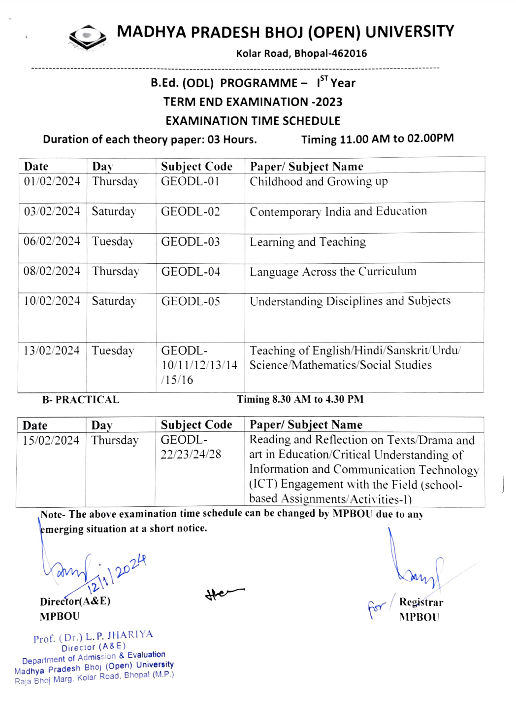 Mp Bhoj Open University Time Table Ba Bsc Bcom Exam Date Out